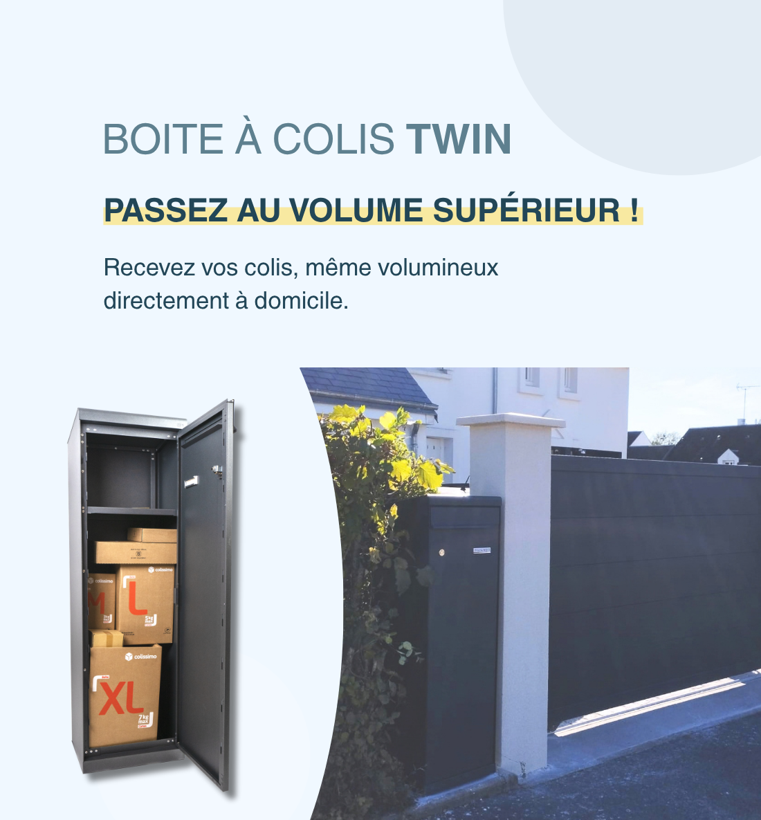 Boîte à colis Twin gris anthracite ouverte, remplie de colis L et XL, installée à l'entrée d'une maison