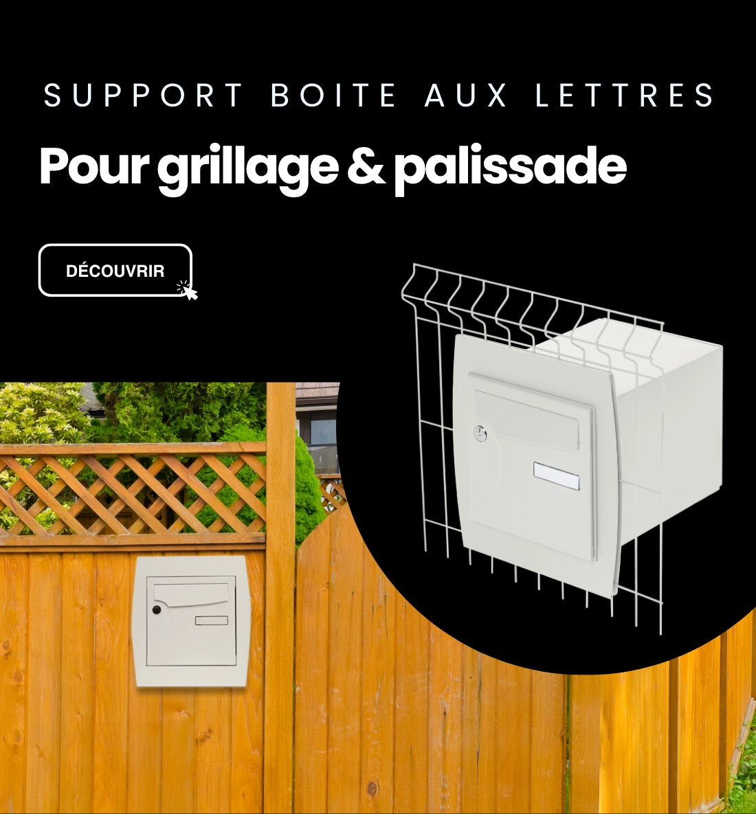 Boite aux lettres blanche fixée avec un support pour grillage et palissade RENZ dans une palissade en bois.